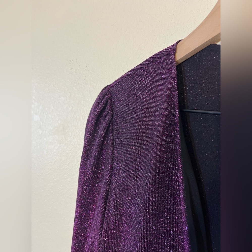 Saylor Purple Shimmer Faux Wrap Dress Ruched Waist Cocktail Holiday Party Glam - Picture 7 of 12